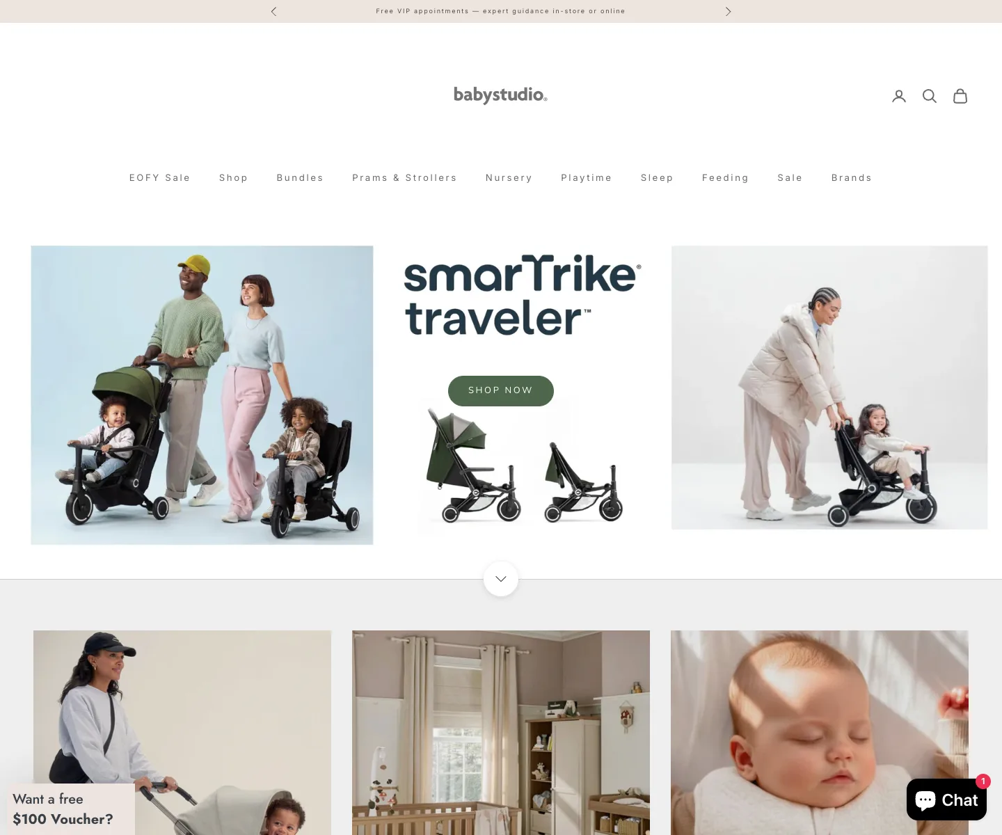 Baby Studio desktop storefront before Navi+ — flat category navigation without a mega menu
