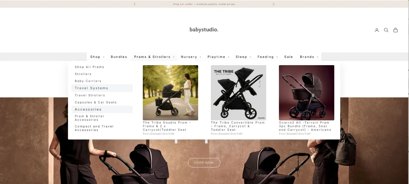 Baby Studio updated desktop mega menu showing Prams and Strollers navigation with product images