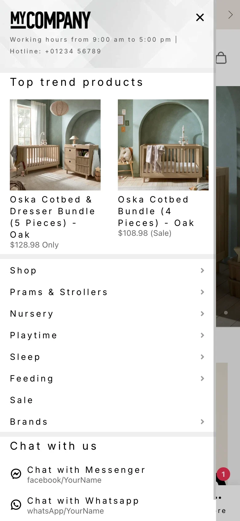 Baby Studio updated mobile slide menu with product highlights and category links