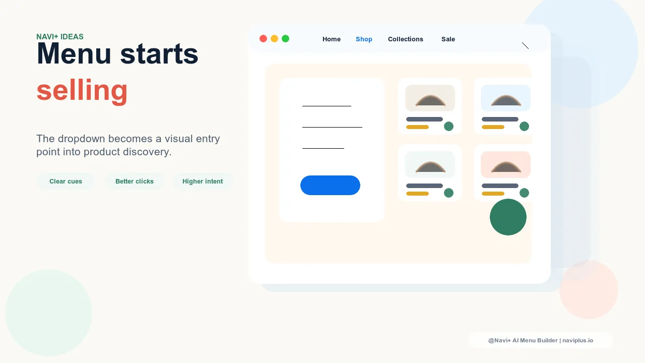 Visual dropdown menu driving shoppers from category image tiles into product collections