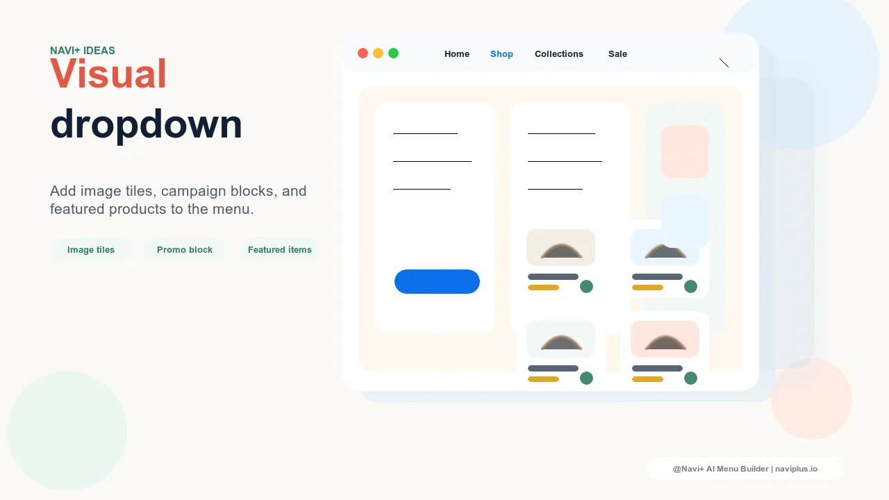 Navi+ builder adding image tiles product cards and campaign banner to a dropdown menu