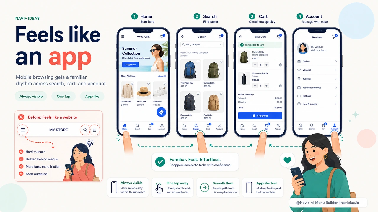Outcome illustration for Your store has no bottom navigation — mobile customers feel like they're using an old website