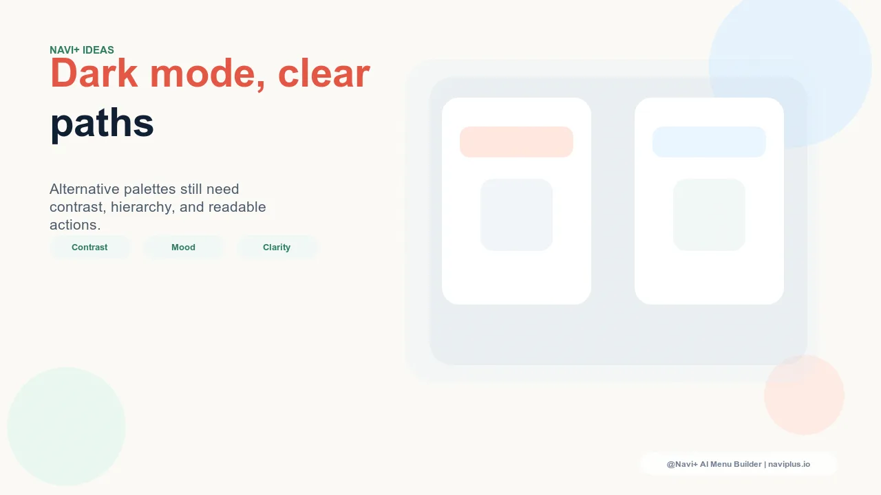 Navigation elements designed intentionally for dark mode — rich dark backgrounds, adjusted contrast ratios, and brand color preservation