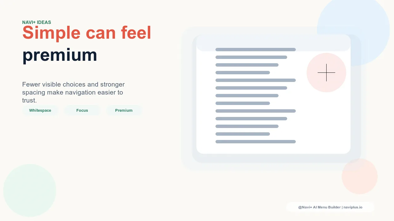 Clean, minimal navigation with generous whitespace and a focused set of high-clarity category labels