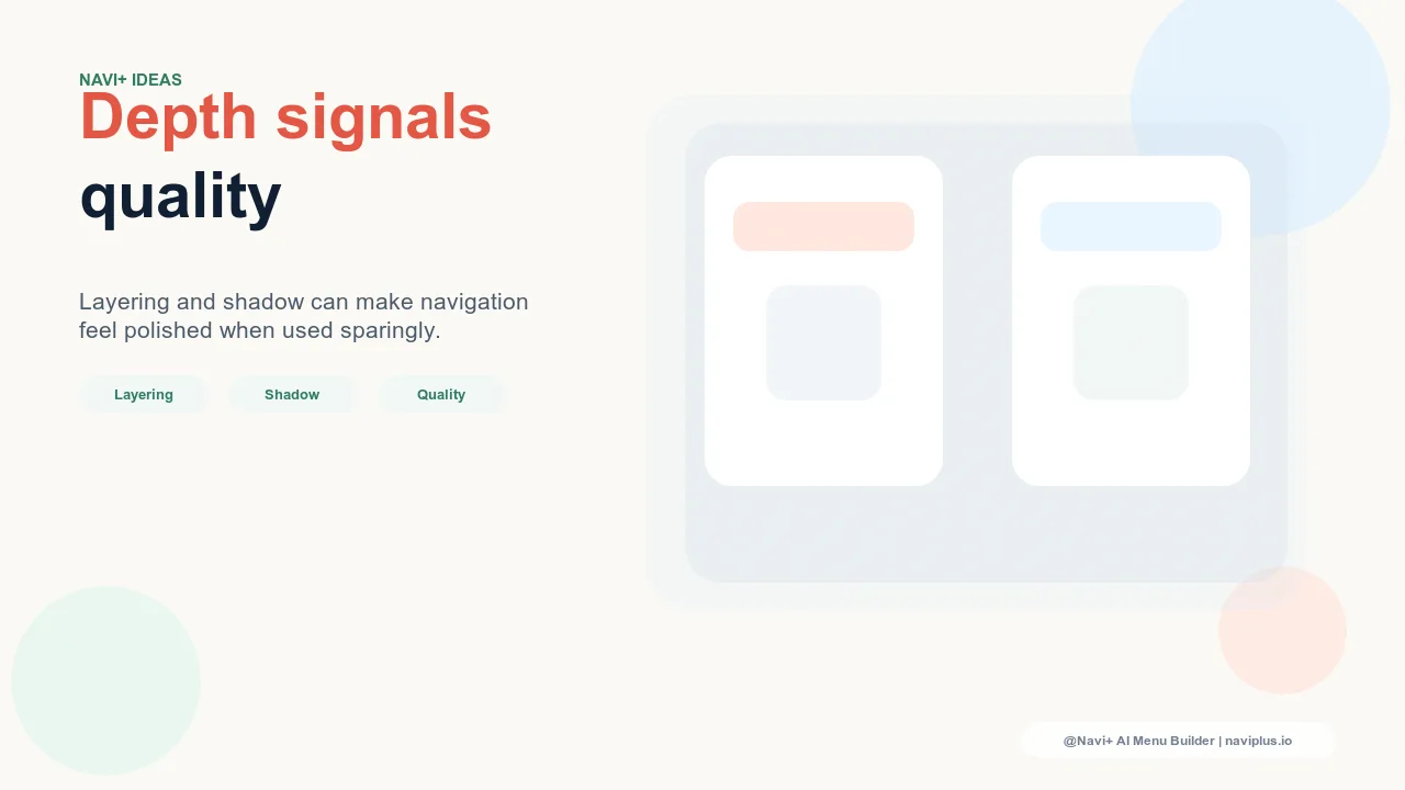 A navigation panel with elevation depth — a frosted glass Slide Menu floating above blurred page content, with subtle drop shadows creating clear visual layering between the menu and the page beneath