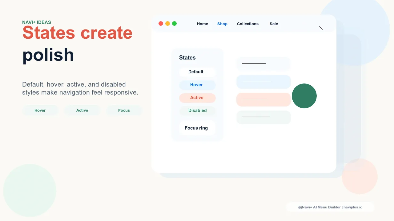 Navigation showing clear default hover active focus and disabled states across menu items