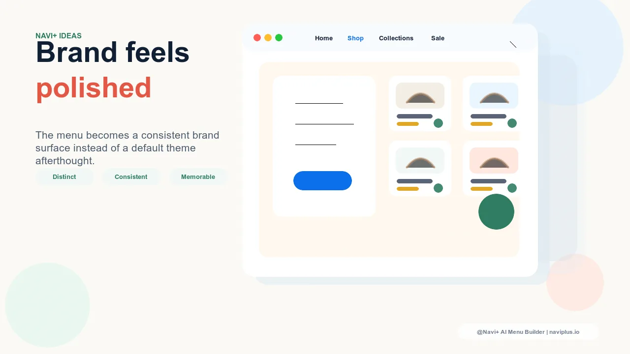 A polished ecommerce navigation system using consistent menu states across desktop and mobile