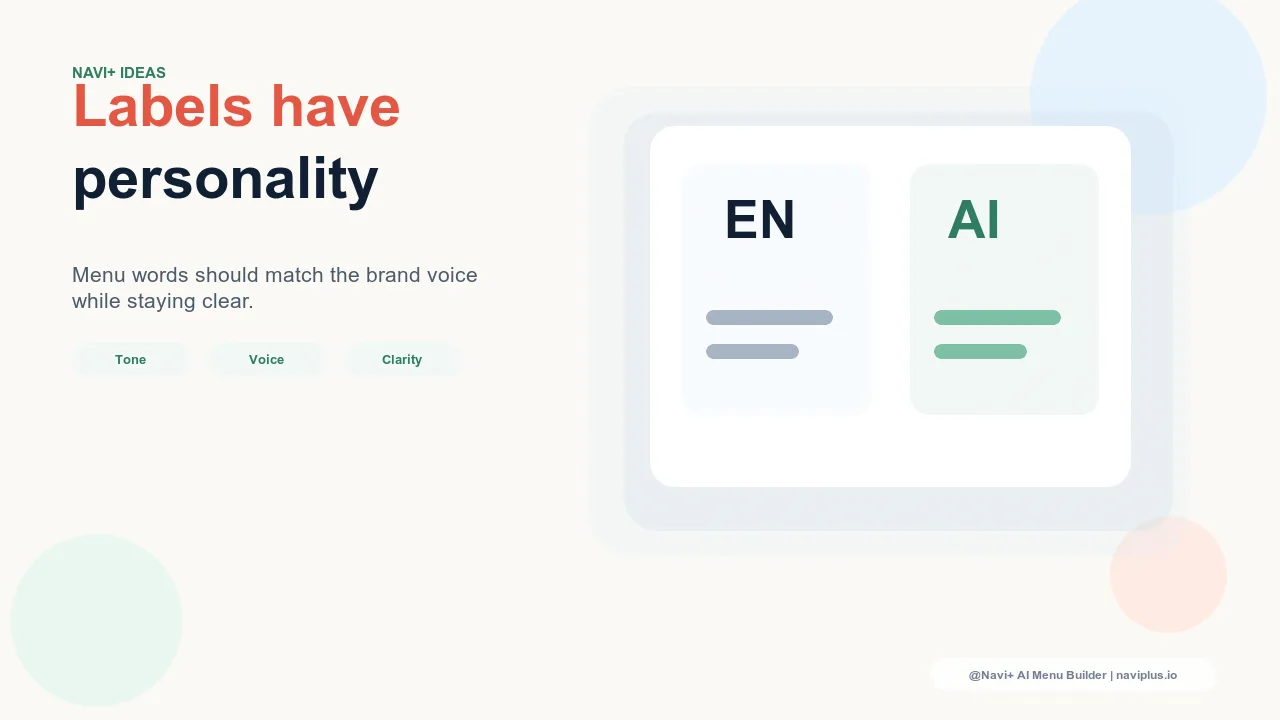 Navigation menus showing different label tones — clinical, commercial, editorial, and conversational — and how word choice signals brand personality