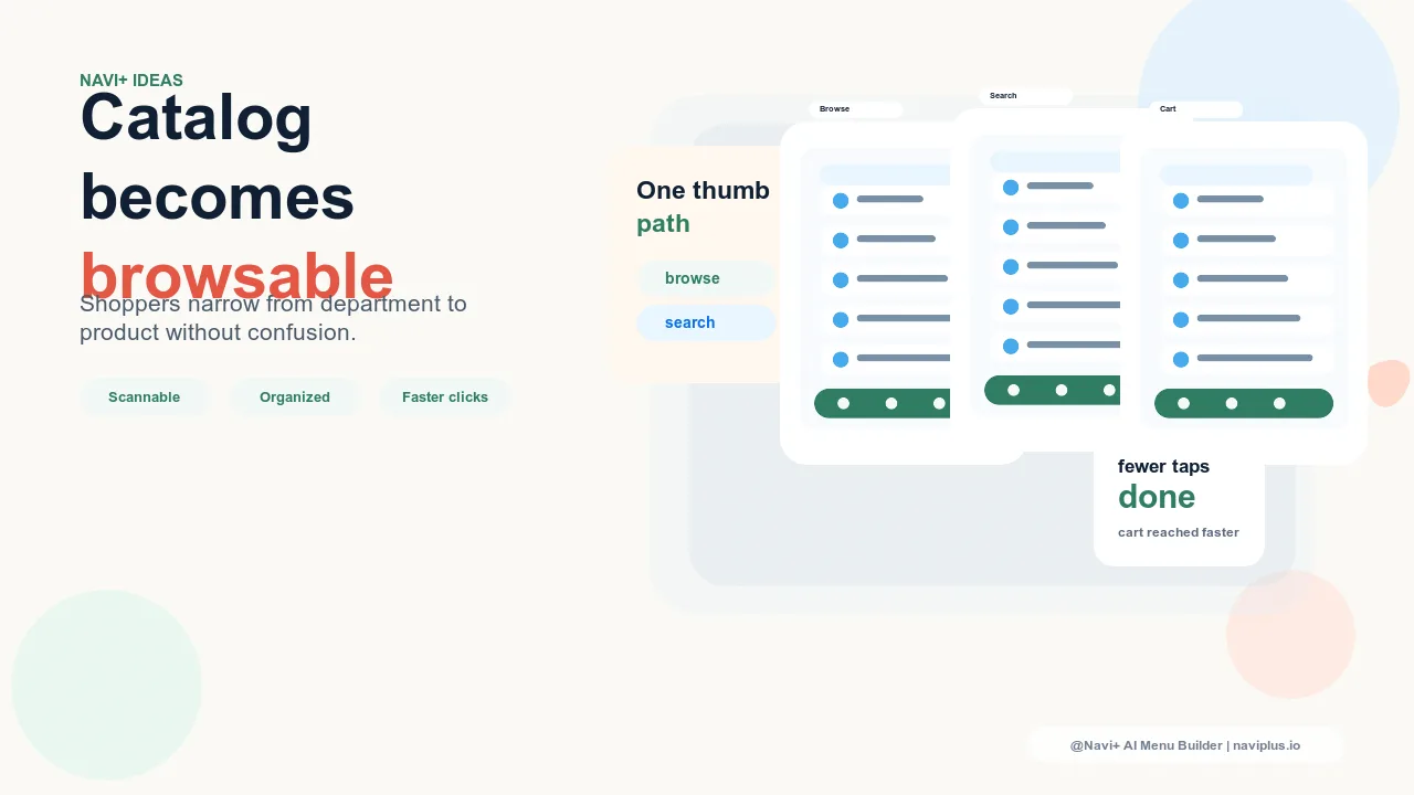 Outcome illustration for The default menu is too basic — 100+ products and customers still can't find what they need