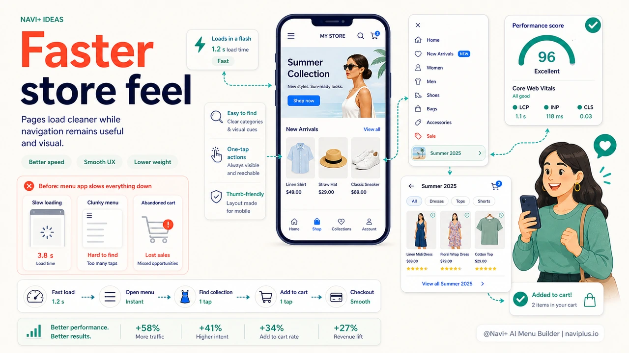 Outcome illustration for A menu app is slowing down your store — PageSpeed in the red, Google rankings dropping