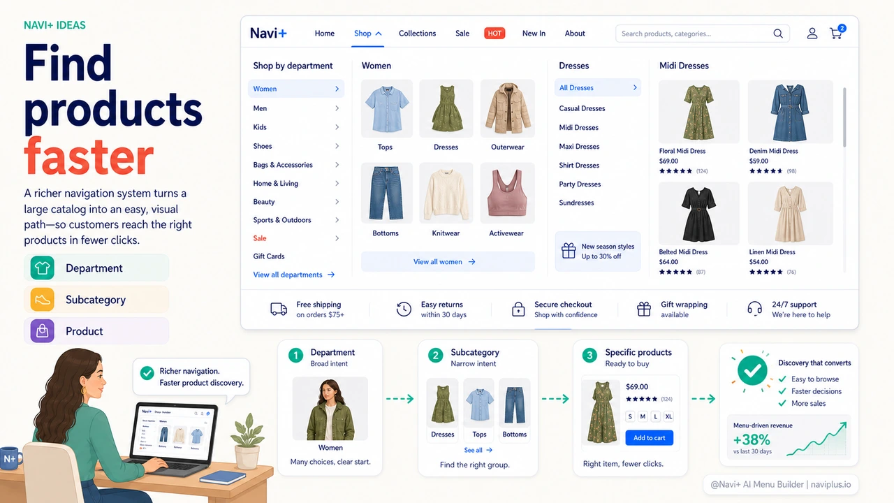 Outcome illustration for 500+ products but a flat menu — customers get lost in your store instead of buying