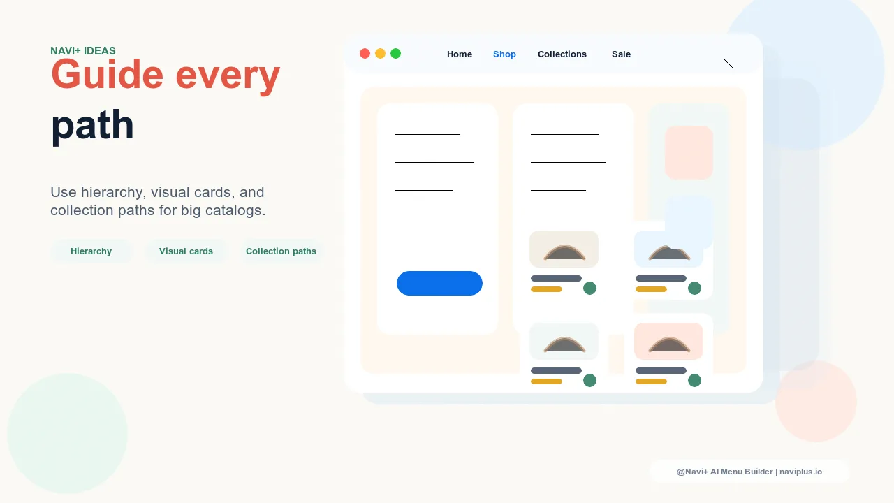Solution illustration for 500+ products but a flat menu — customers get lost in your store instead of buying