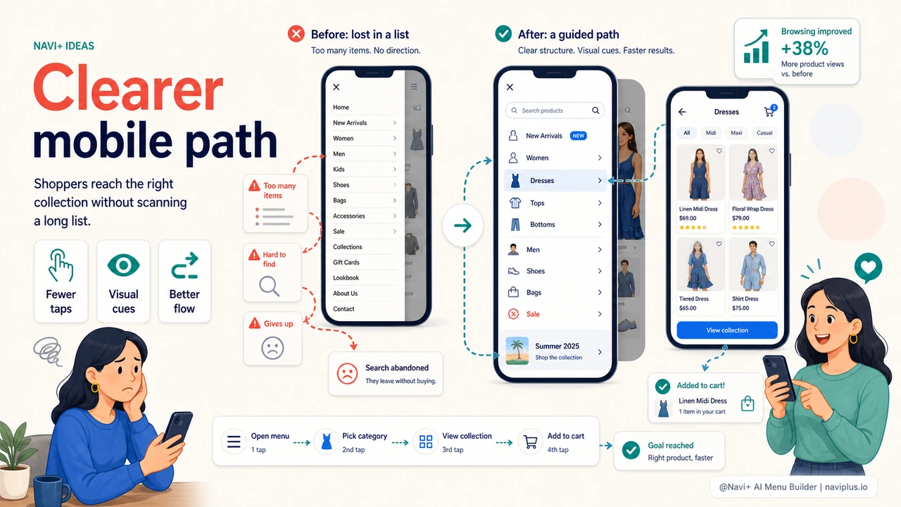 Outcome illustration for The hamburger menu is too basic — customers can't find products. What should you do?