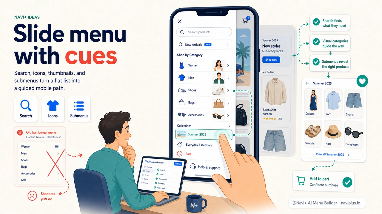 Solution illustration for The hamburger menu is too basic — customers can't find products. What should you do?