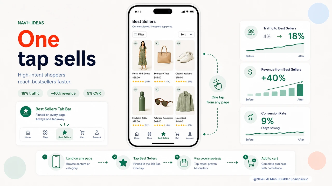 Mobile shopper taps Best Sellers Tab Bar item and reaches products faster