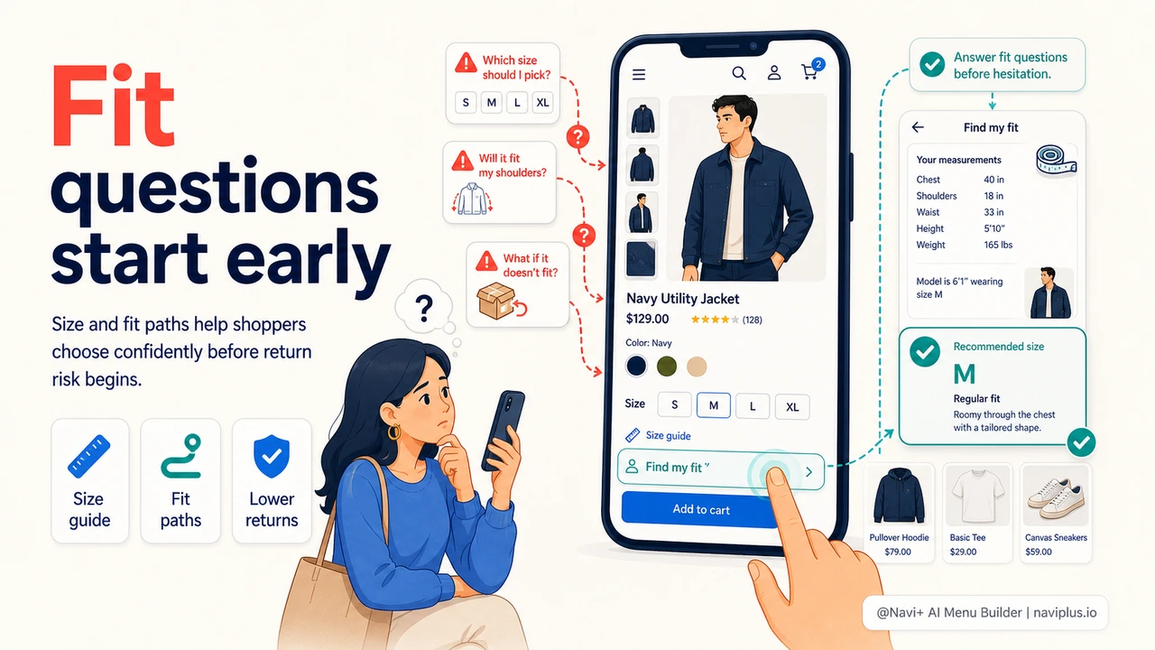 Navigation helping shoppers choose products by size, fit, and confidence before reaching product pages