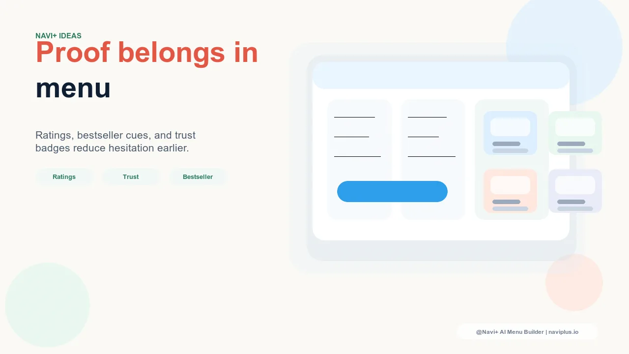 Navigation menu with social proof signals including bestseller tabs, trust badges, and trending labels integrated across navigation components