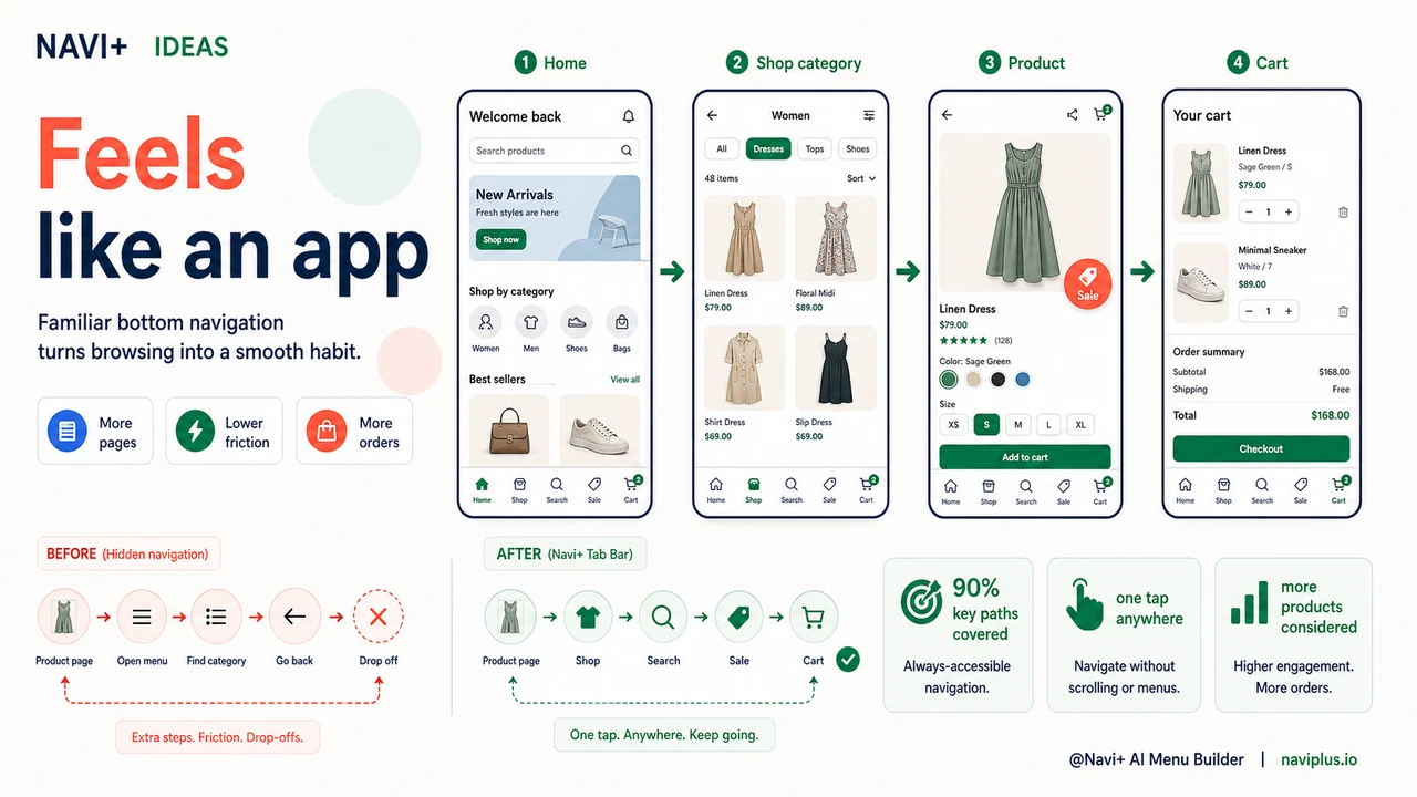 One-tap mobile shopping path from browsing to bestsellers to cart