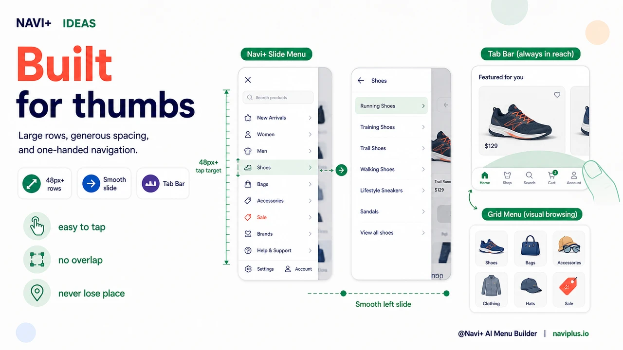 Navi+ Slide Menu with large thumb-friendly rows and clear category hierarchy
