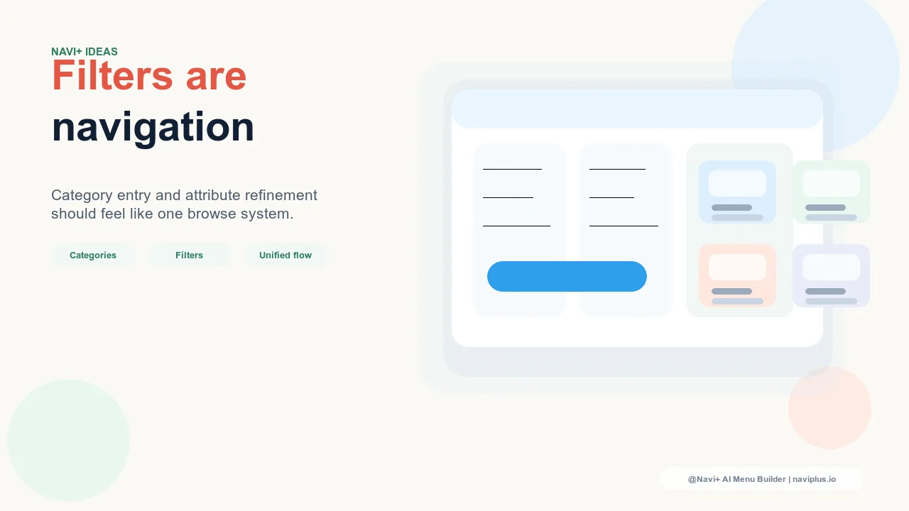 Navigation and filter systems working as a unified browse experience — category entry points leading to attribute-refined product views
