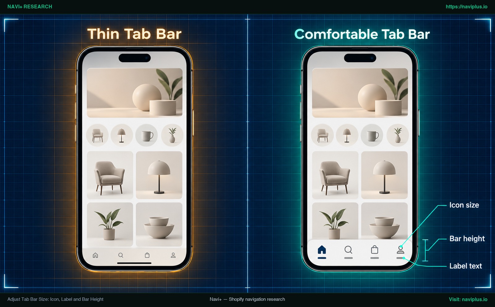 Phone mockups comparing a thin tab bar with small icons and a taller tab bar with larger icons and labels for easier tapping
