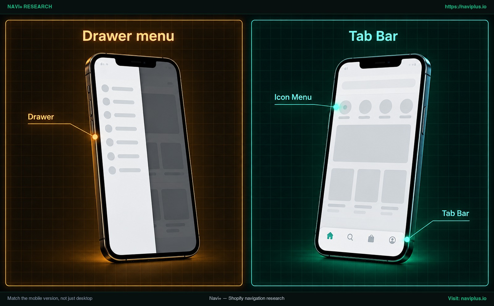 Two mobile menu options for a recreated menu: a drawer menu next to a bottom tab bar with an icon menu