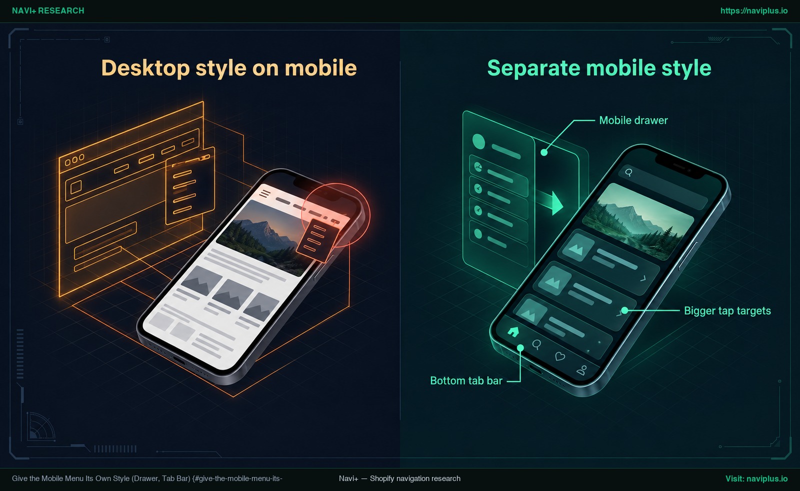 Phone mockups showing a desktop-style dropdown squeezed on mobile beside a separate mobile menu style with drawer and tab bar