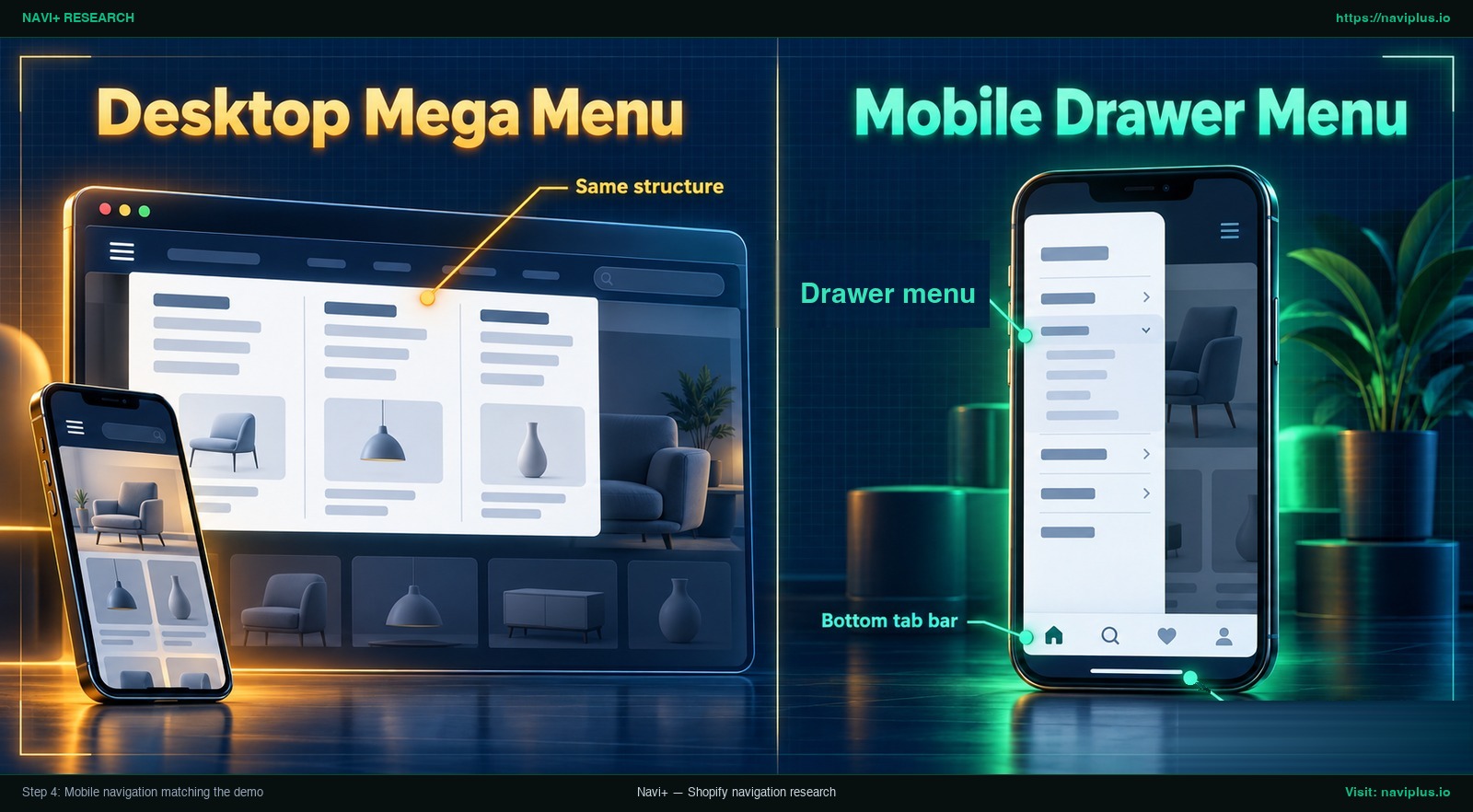 Desktop mega menu structure reused on mobile as a drawer menu and bottom tab bar
