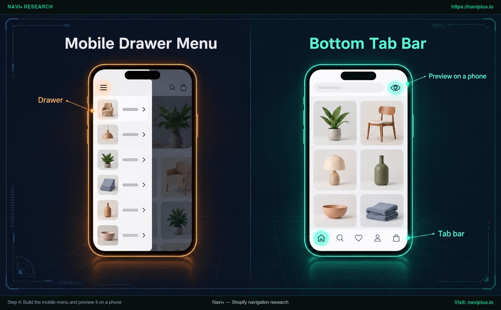 Mobile drawer menu compared with a bottom tab bar built in a Shopify menu app