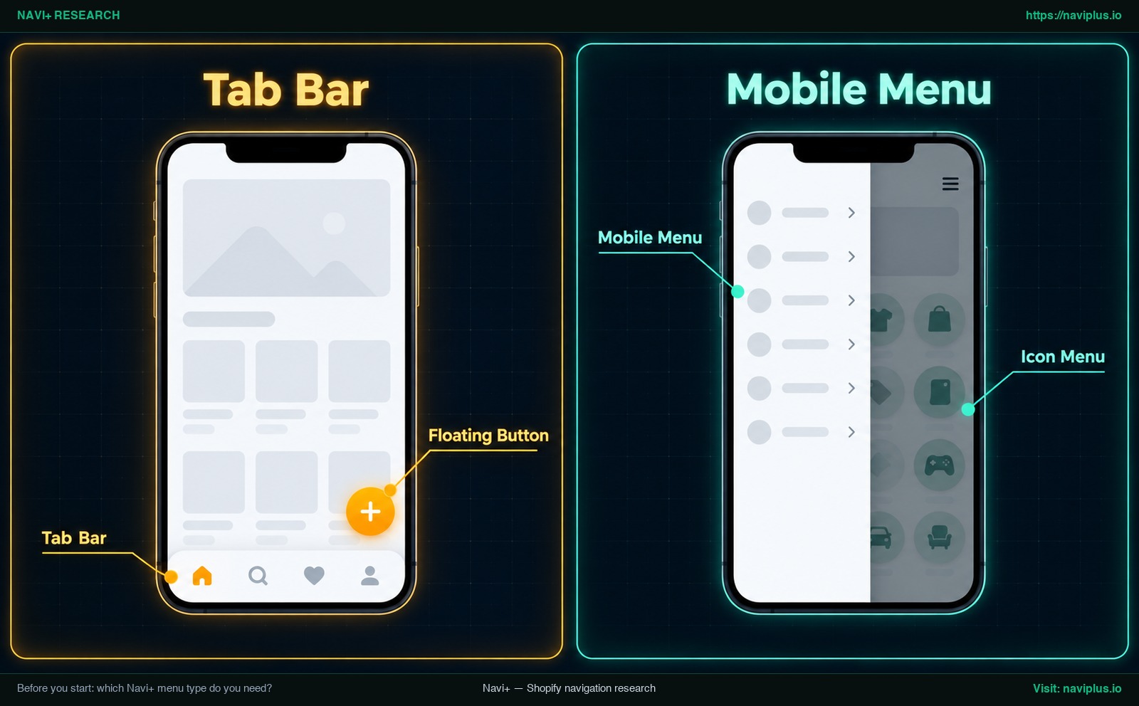 Two phone mockups comparing a Navi+ Tab Bar and a Navi+ Mobile Menu drawer for a Shopify store