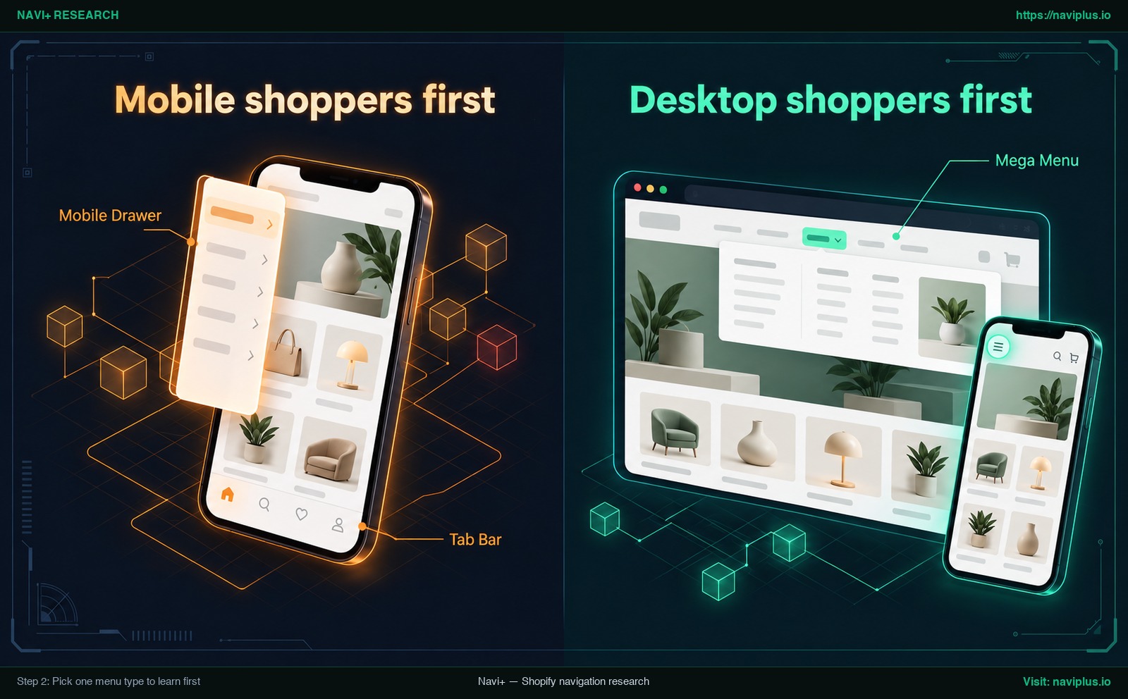 Comparison of a Tab Bar and Mobile Drawer for mobile shoppers versus a Mega Menu for desktop shoppers in a Shopify store