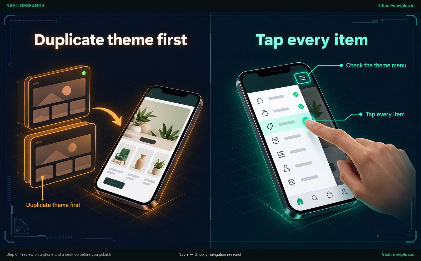 Testing a new menu on a duplicate Shopify theme: tapping every menu item on a phone and checking the theme's own menu does not overlap