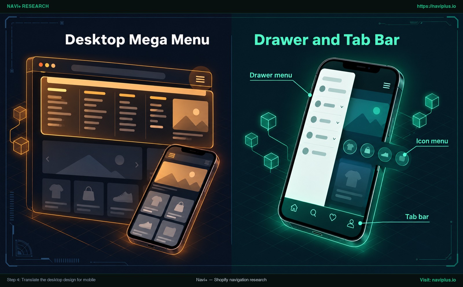 Desktop mega menu from a design image translated into a mobile drawer menu and bottom tab bar on Shopify