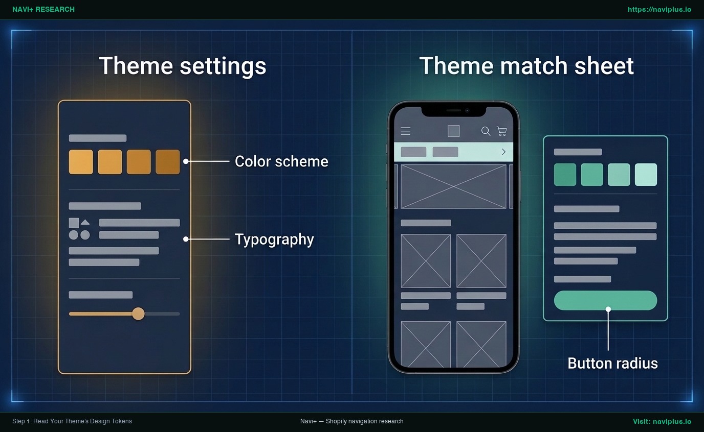 Theme settings panel next to a theme match sheet listing the color scheme, typography and button radius to copy into the menu
