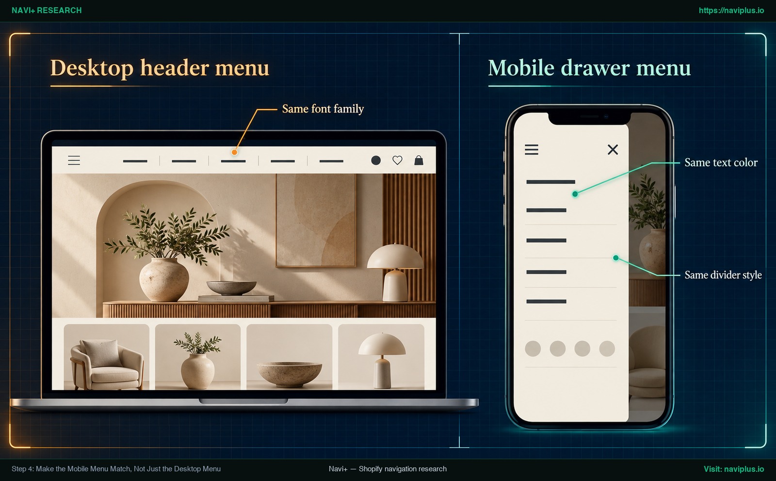 Desktop header menu and mobile drawer menu using the same font family, text color and divider style from the store theme