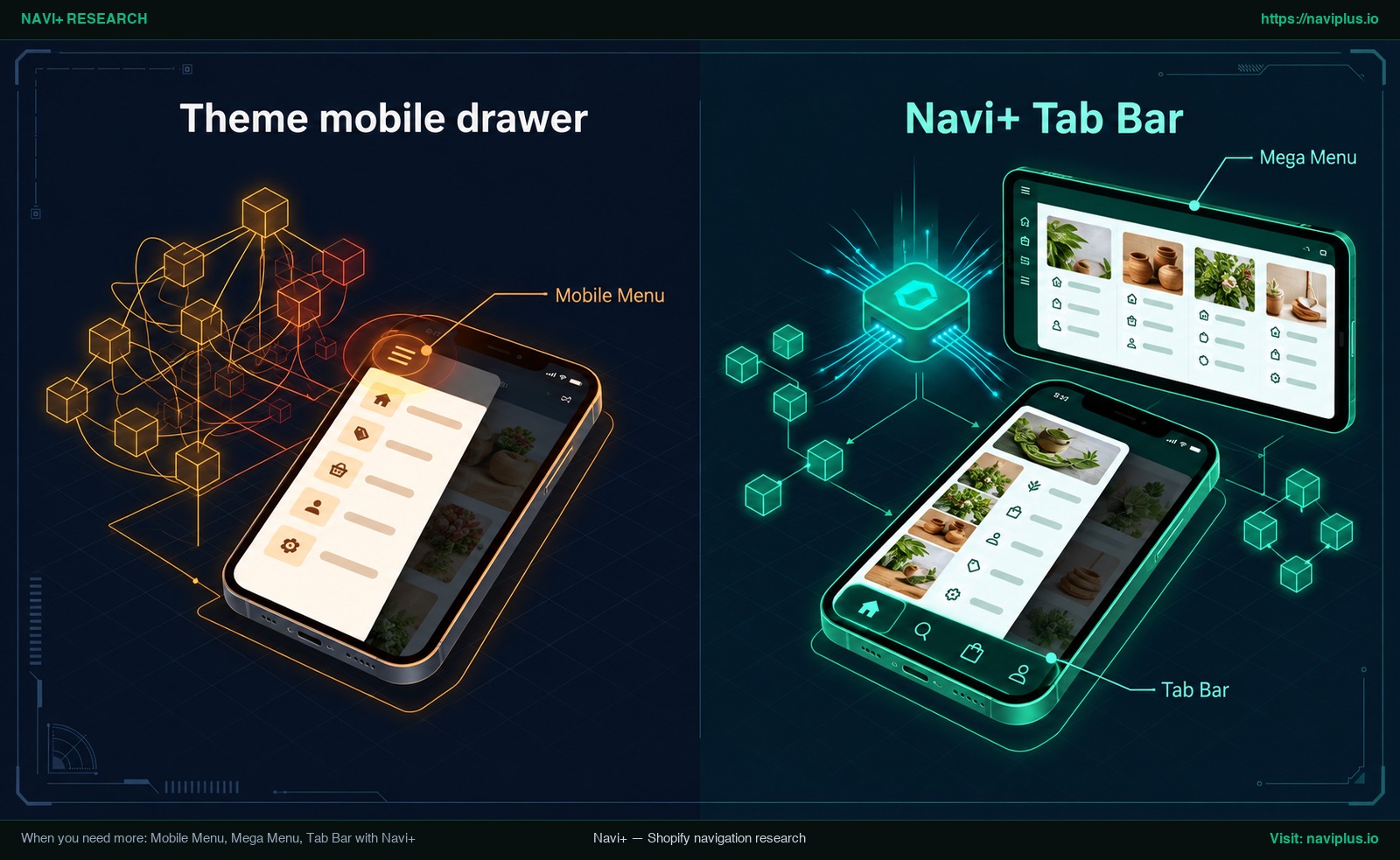 Default theme mobile drawer compared with a mobile menu plus bottom tab bar built with Navi+