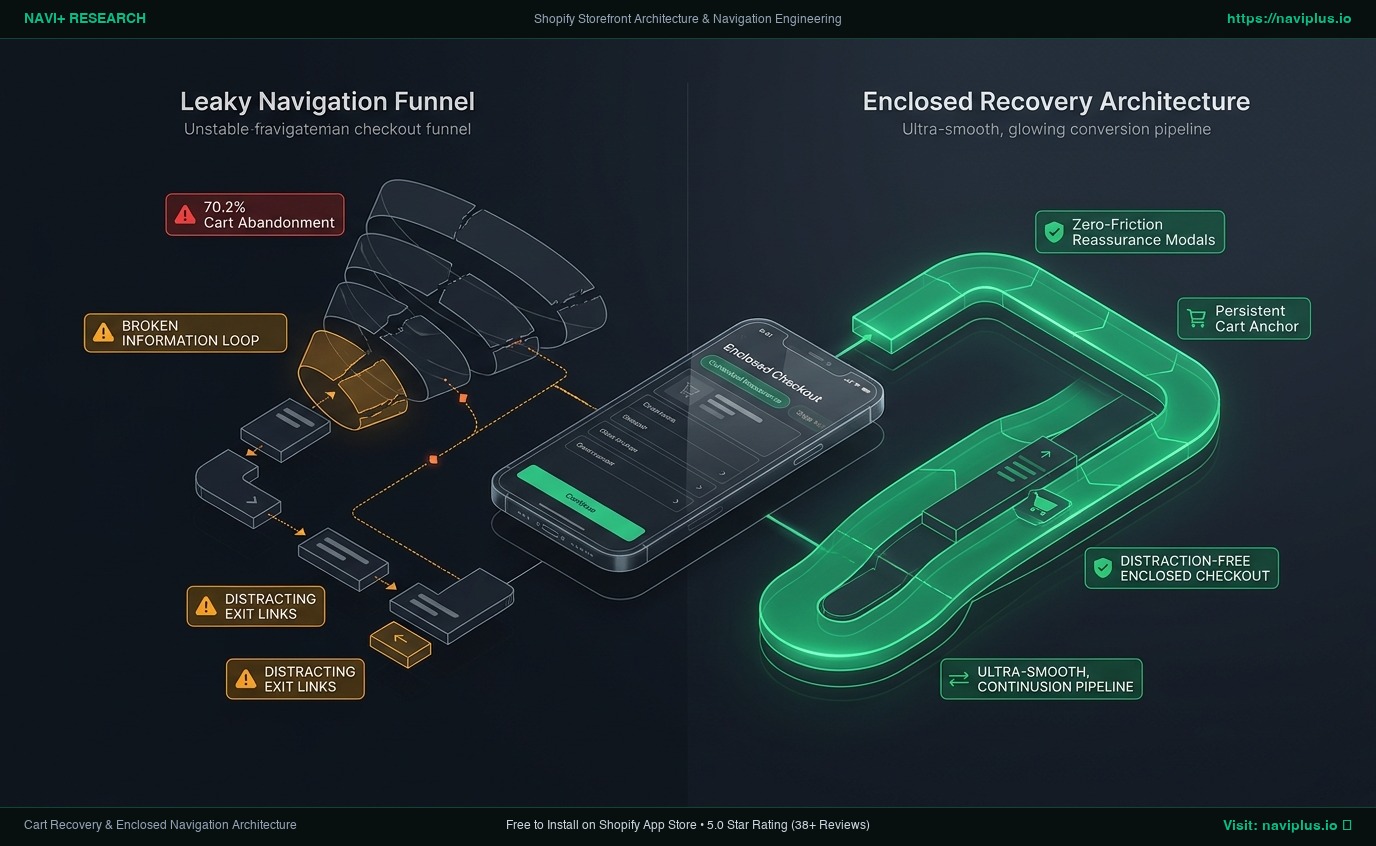 3D isometric technical diagram contrasting a leaky navigation funnel with an enclosed cart recovery architecture