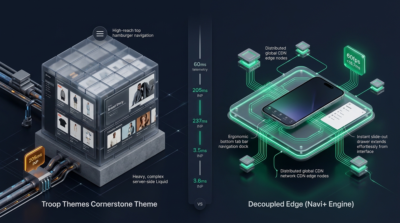 Shopify Cornerstone Theme Review: Troop Themes Monolith vs. Decoupled Edge Architecture