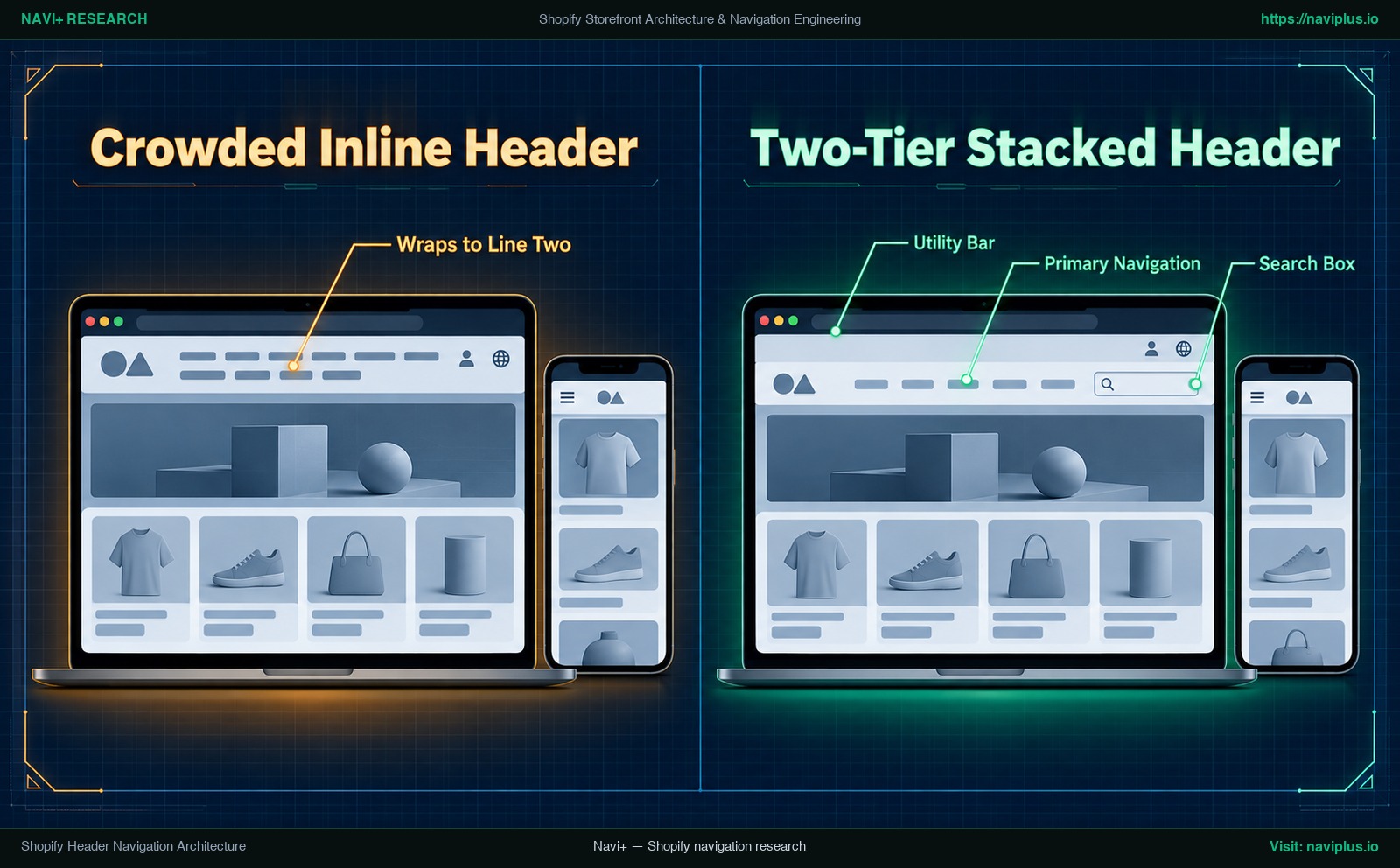 Shopify Header Navigation Architecture: Layout Models, Space Allocation, Utility Menus, and Breakpoint Engineering