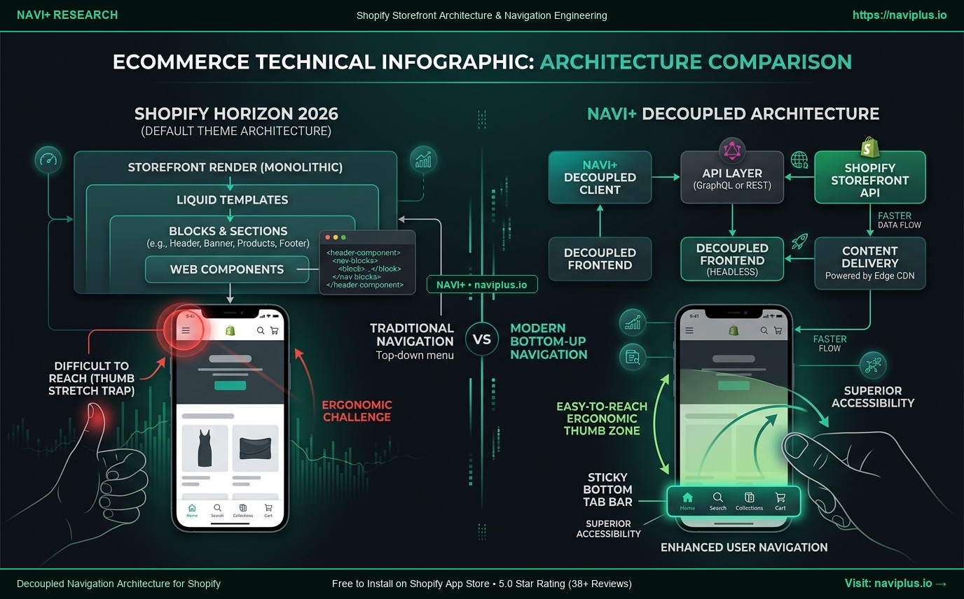 Shopify Horizon 2026 Default Theme Architecture vs Navi+ Decoupled Navigation