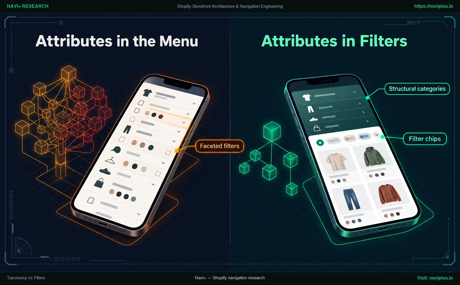 Shopify menu cluttered with color and size links compared with a lean multi-level menu that moves attributes into collection filters