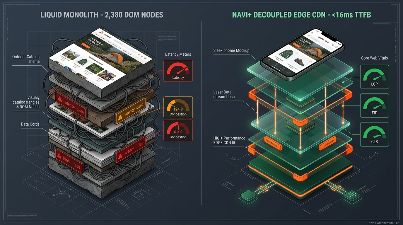 Shopify Pursuit Theme Review: Outdoor Lifestyle, Linked Variants & High-Volume Catalog Monolith vs. Decoupled Edge Architecture