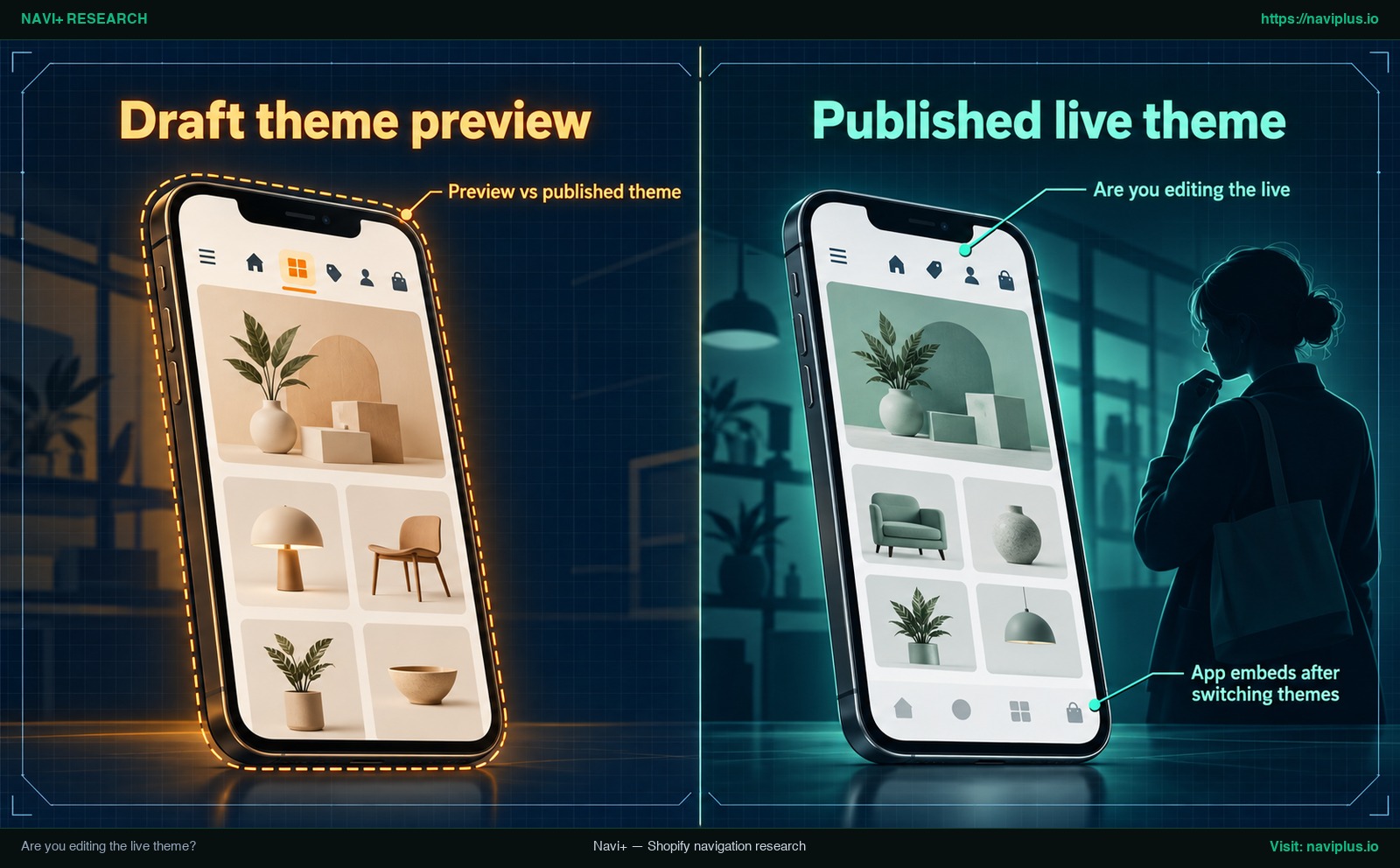Comparison of a draft theme preview and the published live theme that customers actually see